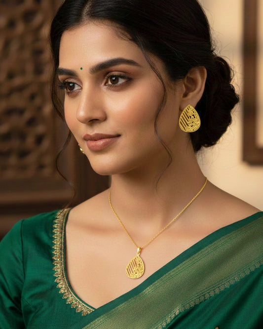 Gold Toned 925 Silver Floral Drop Set( Earrings +Pendant+ Necklace)