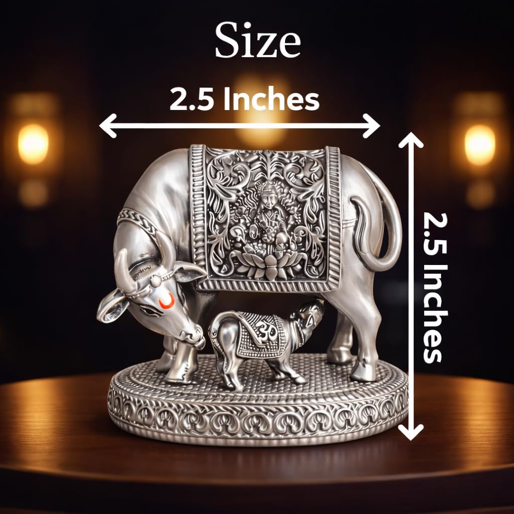 999 Silver Plated Kamdhenu Cow Idol | 2.5 inch Vastu Home Decor for Pooja Room & Mandir | Ideal Religious & Spiritual Gift