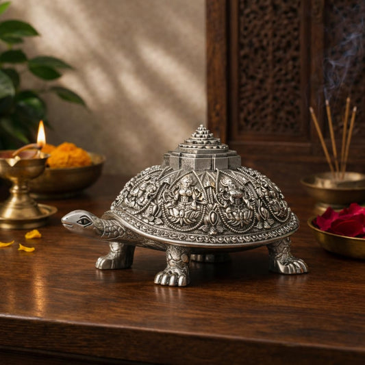 999 Pure Silver Plated Ashta Lakshmi Tortoise Idol | Vastu Home Decor for Pooja Room & Mandir | Turtle Showpiece for Prosperity & Good Luck (3.5 Inch)