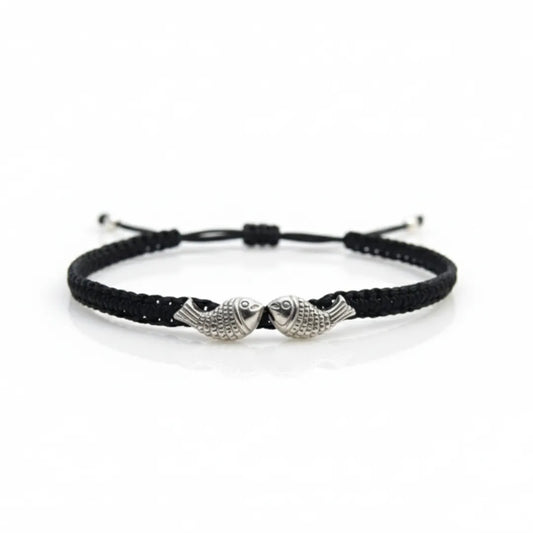 925 Silver Double Fish Black Thread Anklet