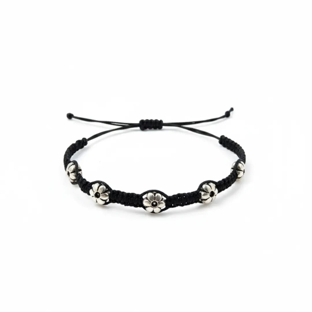 925 Silver Floral Bead Black Thread Anklets
