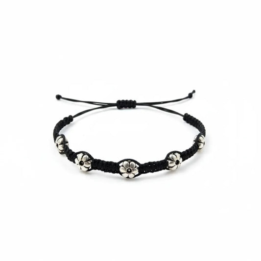 925 Silver Floral Bead Black Thread Anklets