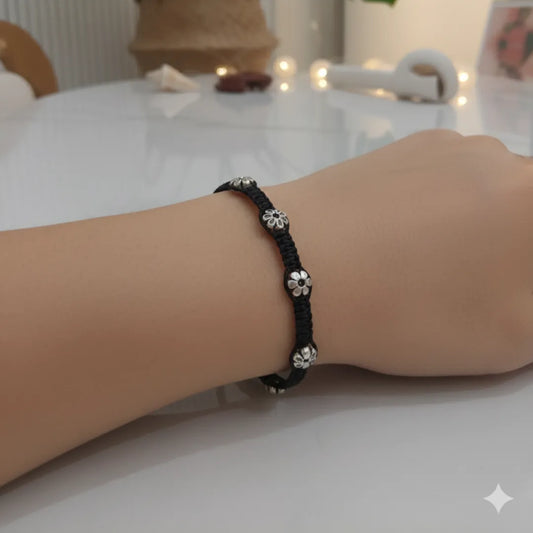 925 Silver Floral Beads Black Thread Bracelet