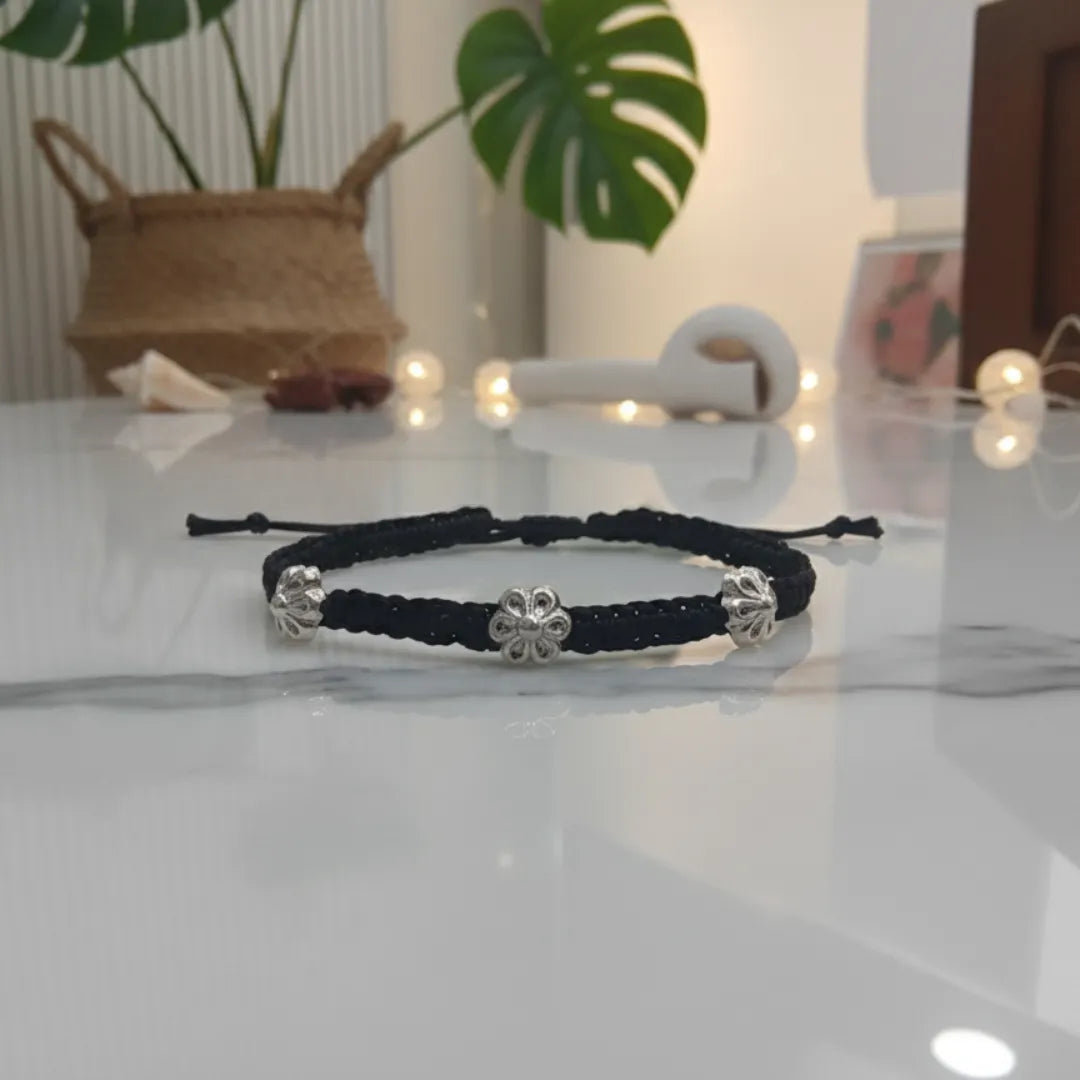 925 Silver Floral Charm Black Thread Anklet