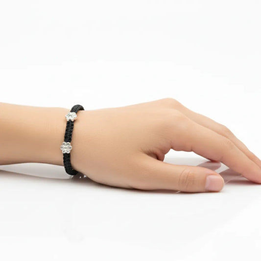 925 Silver Floral Charm Black Thread Bracelet