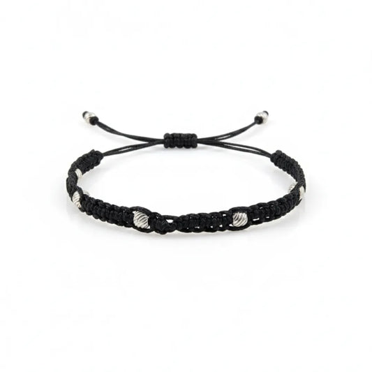 925 Silver Textured Beads Black Thread Anklet