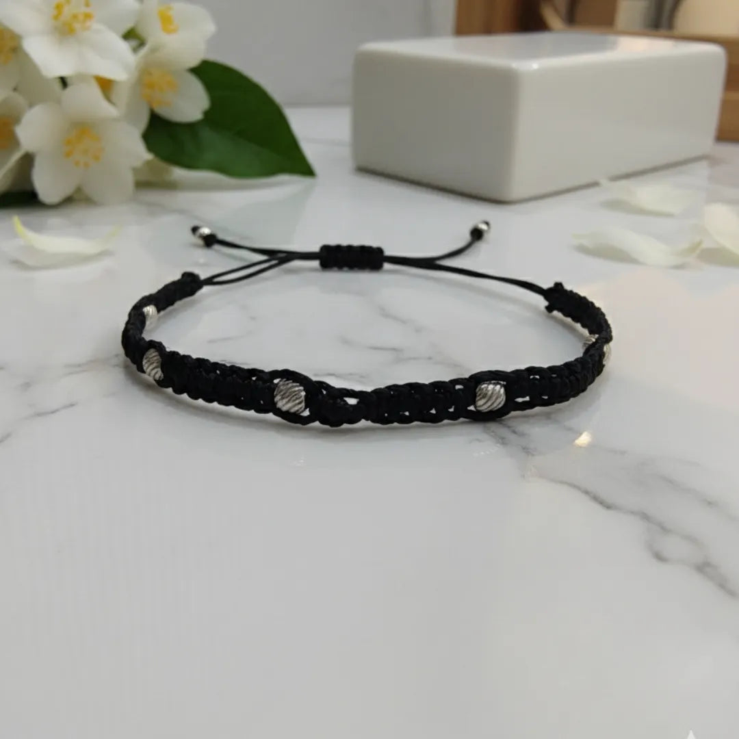 925 Silver Textured Beads Black Thread Anklet