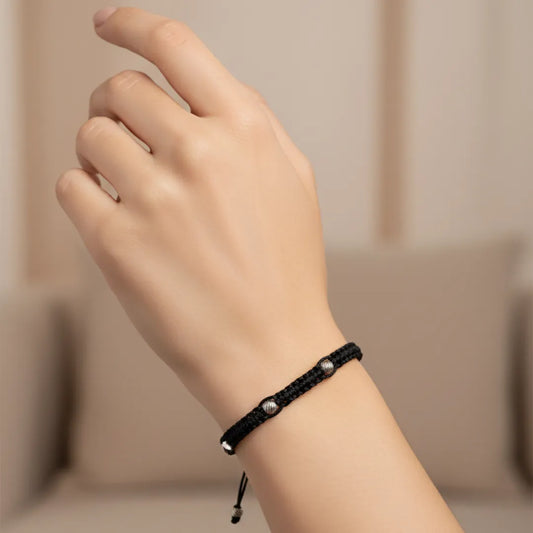 925 Silver Textured Beads Black Thread Bracelet