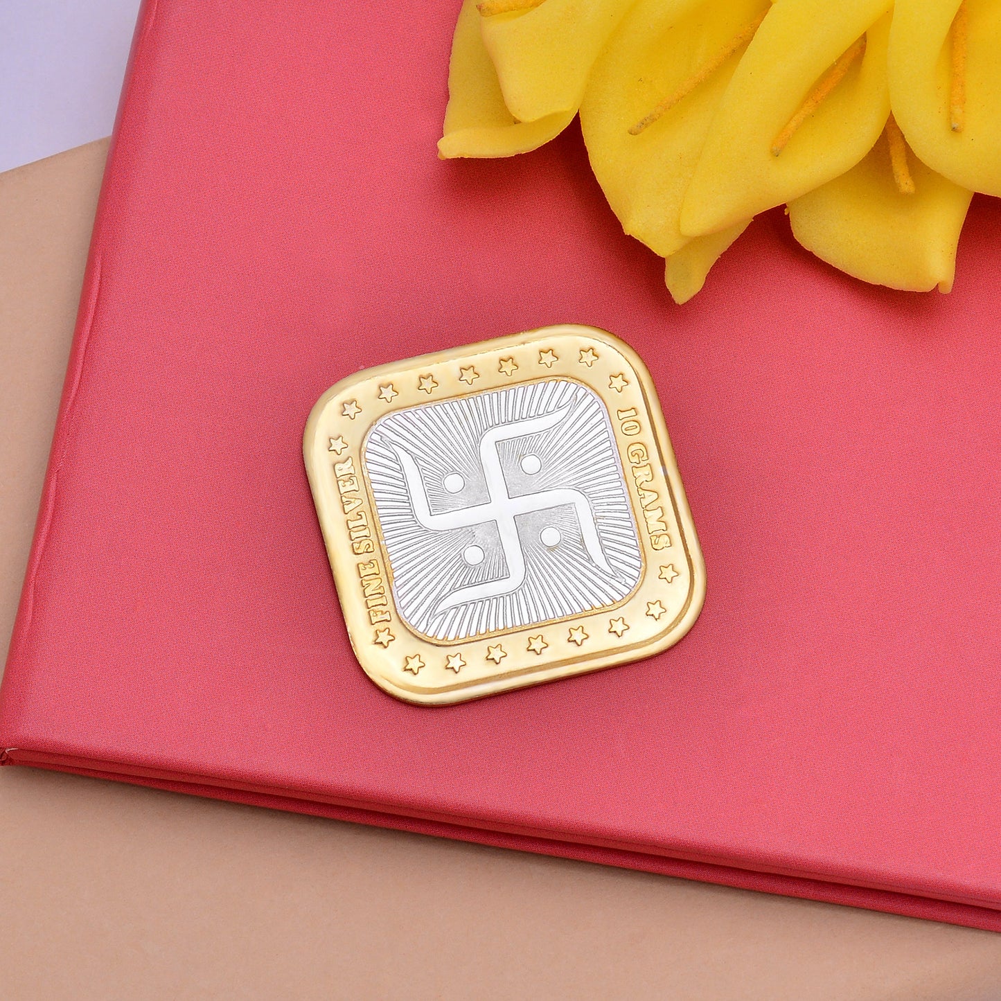 Square Shape Lakshmi And Ganesh 10gm Double Toned Silver Coins