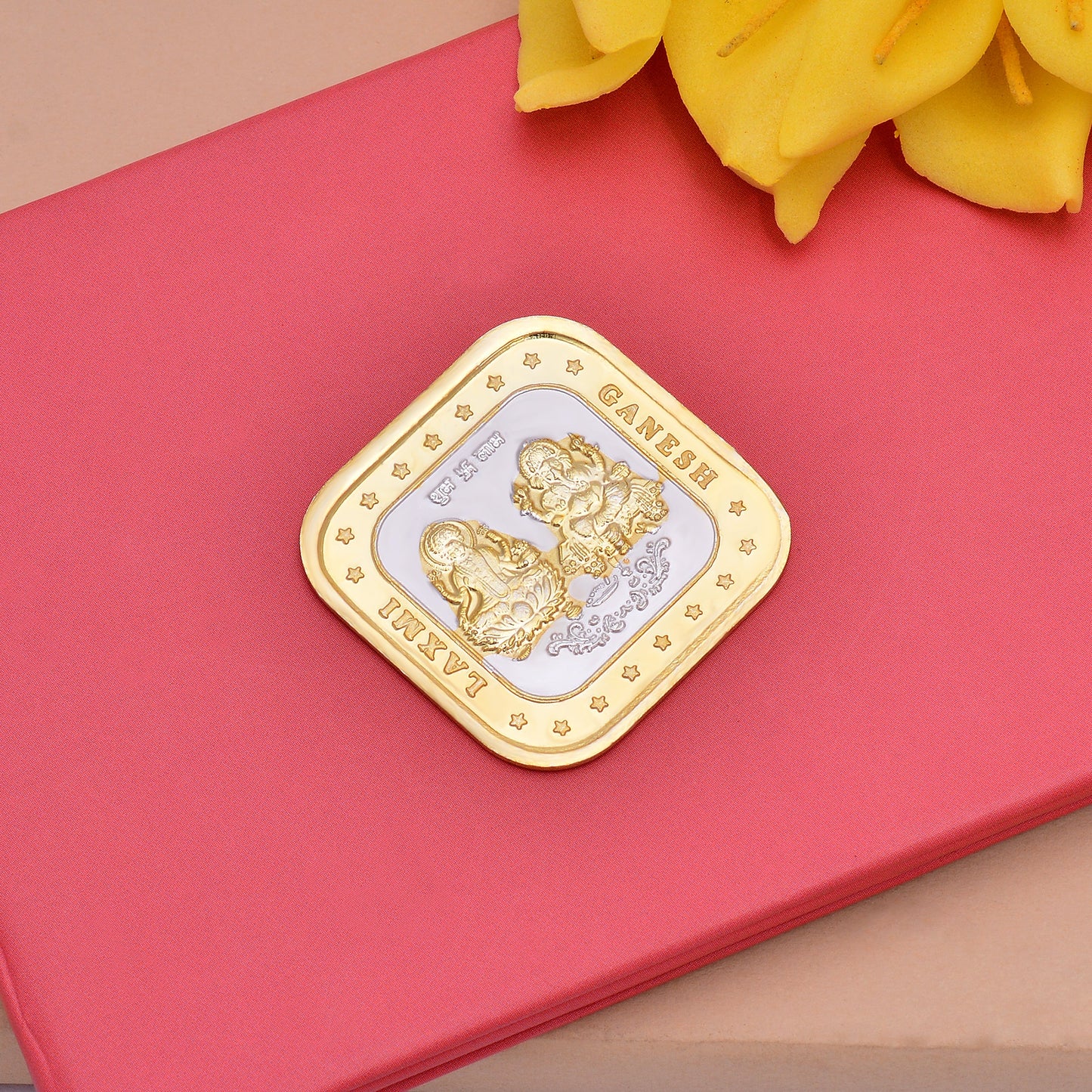 Square Shape Lakshmi And Ganesh 10gm Double Toned Silver Coins