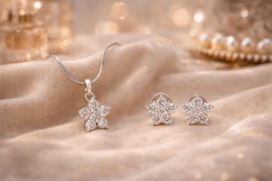 Silver Star Zircon Set( Pendant+Earrings+Silver Chain)