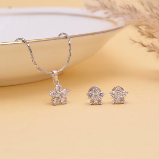 Silver Star Zircon Set( Pendant+Earrings+Silver Chain)
