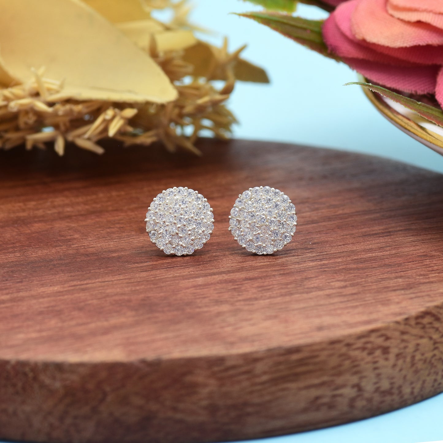 Silver Crystal Round Stud Earrings