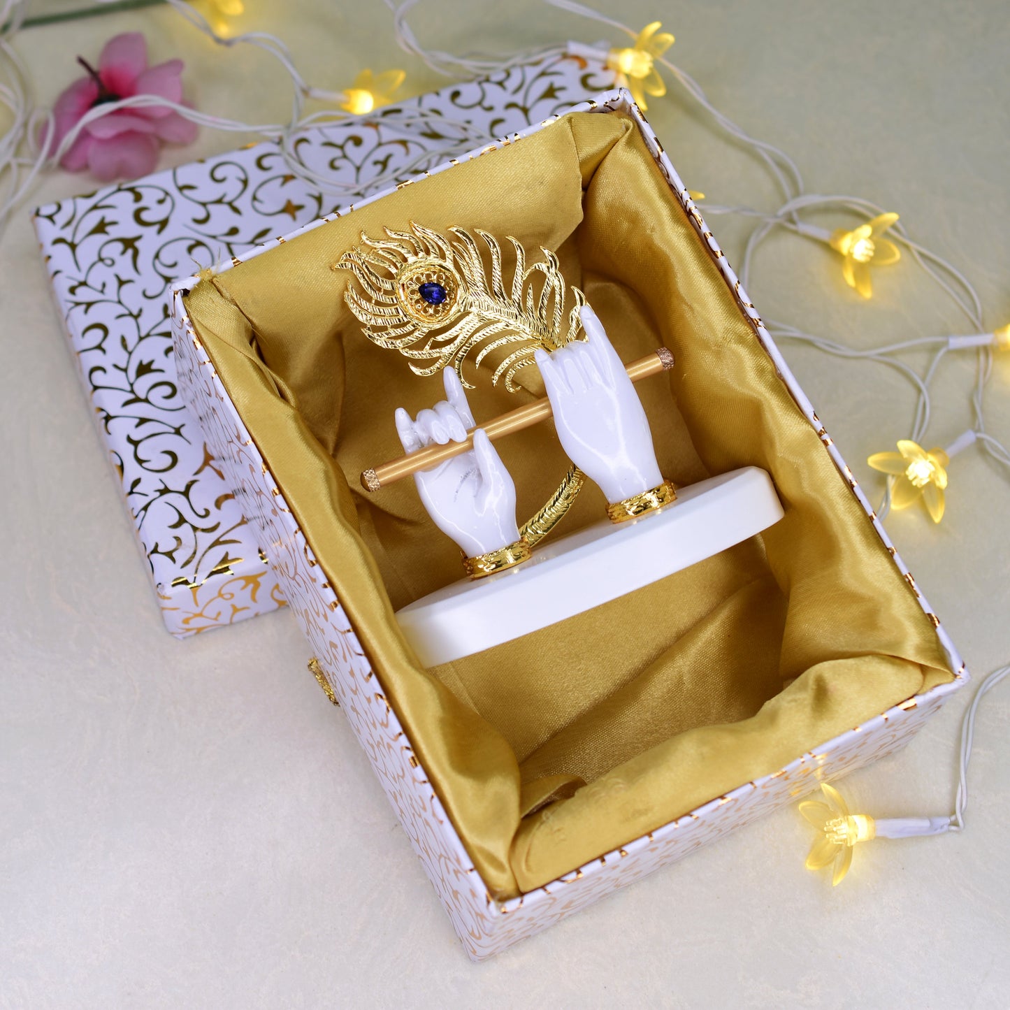 Gold plated Peacock And Flute Set With Resin Crafted Hand