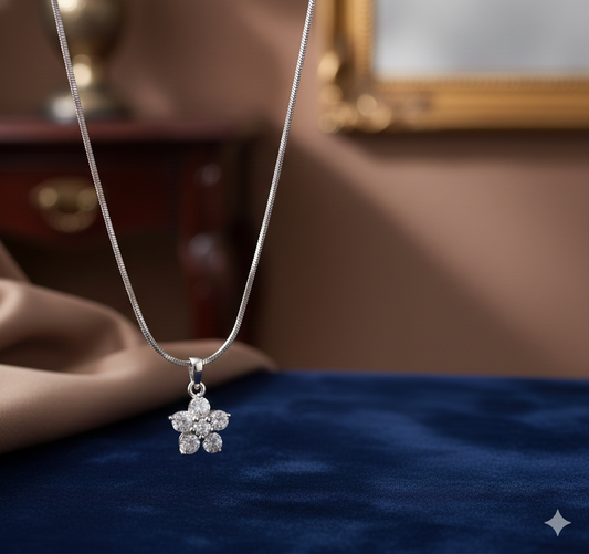 Elegant Silver Zircon Floral Pendant With Chain