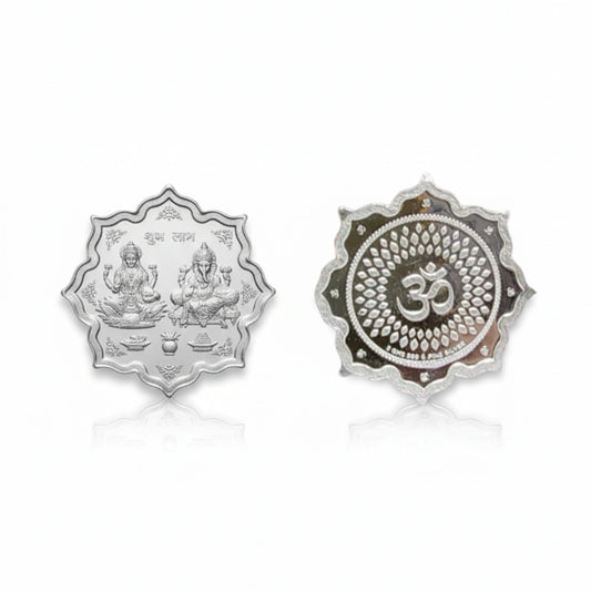 KYAT 5-10g 999 Silver Floral Laxmi Ganesh Coin with Wooden Shubh Labh Combo