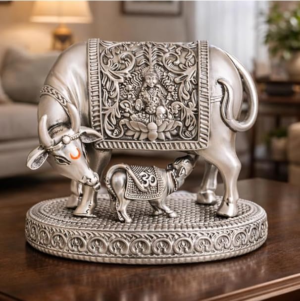 999 Silver Plated Kamdhenu Cow Idol | 3.5 inch Vastu Home Decor for Pooja Room & Mandir | Ideal Religious & Spiritual Gift