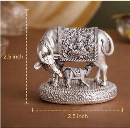 999 Silver Plated Kamdhenu Cow Idol | 2.5 inch Vastu Home Decor for Pooja Room & Mandir | Ideal Religious & Spiritual Gift