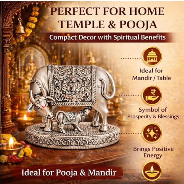 999 Silver Plated Kamdhenu Cow Idol | 2.5 inch Vastu Home Decor for Pooja Room & Mandir | Ideal Religious & Spiritual Gift