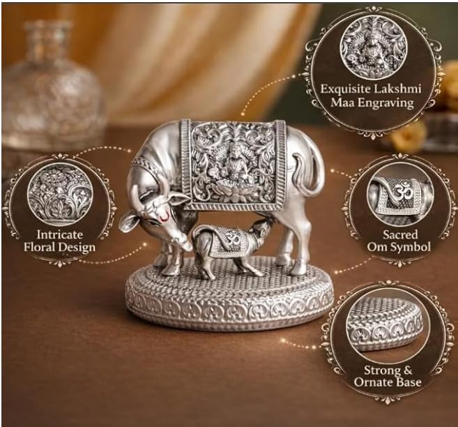 999 Silver Plated Kamdhenu Cow Idol | 3.5 inch Vastu Home Decor for Pooja Room & Mandir | Ideal Religious & Spiritual Gift