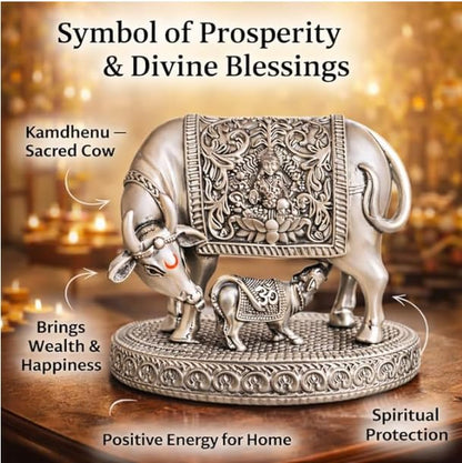 999 Silver Plated Kamdhenu Cow Idol | 3.5 inch Vastu Home Decor for Pooja Room & Mandir | Ideal Religious & Spiritual Gift