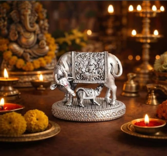 999 Silver Plated Kamdhenu Cow Idol | 2.5 inch Vastu Home Decor for Pooja Room & Mandir | Ideal Religious & Spiritual Gift