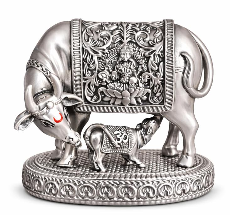 999 Silver Plated Kamdhenu Cow Idol | 3.5 inch Vastu Home Decor for Pooja Room & Mandir | Ideal Religious & Spiritual Gift