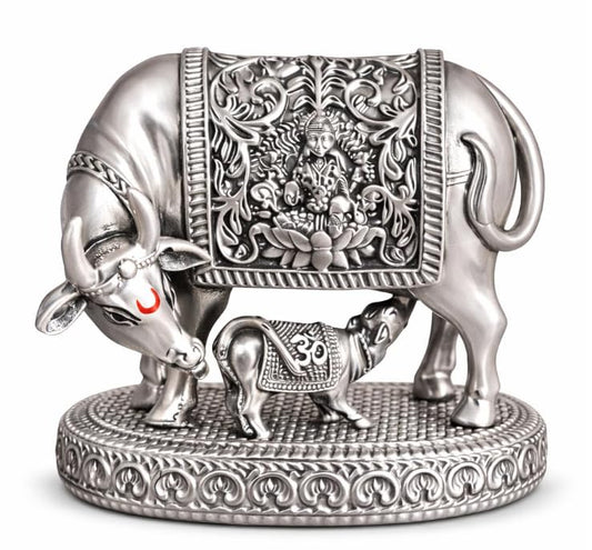 999 Silver Plated Kamdhenu Cow Idol | 2.5 inch Vastu Home Decor for Pooja Room & Mandir | Ideal Religious & Spiritual Gift