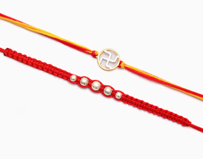 Religious Silver Swastik And Pearls Bracelet Rakhi - KYAT