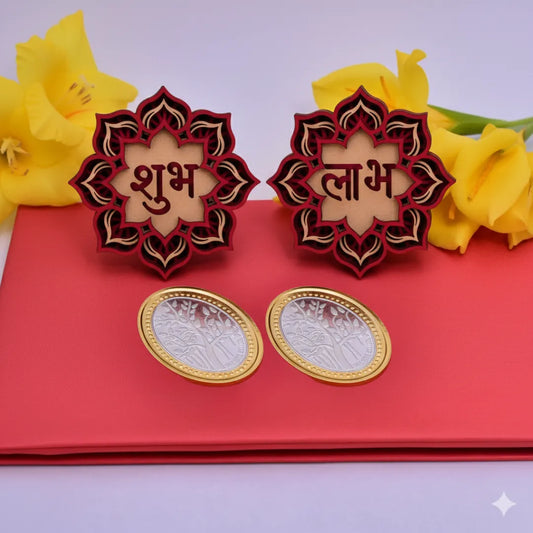 Kyat 5g Each Gold-Toned Oval Lakshmi & Ganesh Coin Set with Shubh-Labh