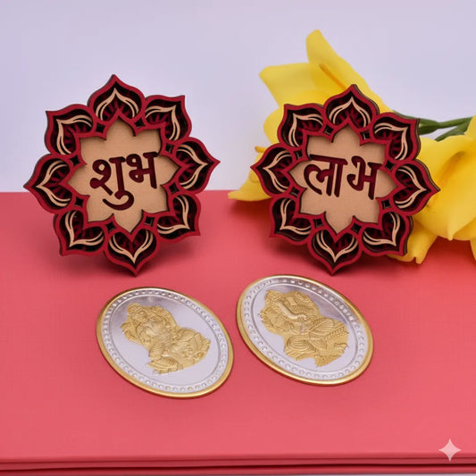 Kyat 5g Each Gold-Toned Oval Lakshmi & Ganesh Coin Set with Shubh-Labh