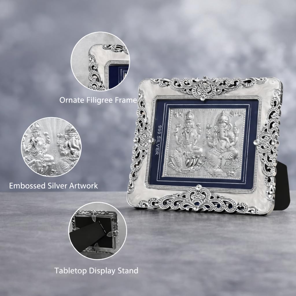 999 Pure Silver Laxmi Ganesh Frame | Pooja Room,Home & Office Decor | Divine Decor | Wedding & Corporate Gift | Square Photo Frame Gift, Silver Gift Items, Office Desk (10" x 8" CM)