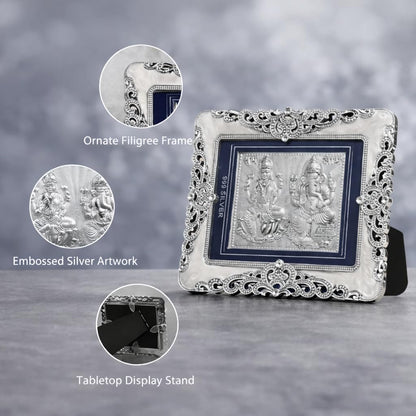 999 Pure Silver Laxmi Ganesh Frame | Pooja Room,Home & Office Decor | Divine Decor | Wedding & Corporate Gift | Square Photo Frame Gift, Silver Gift Items, Office Desk (10" x 8" CM)