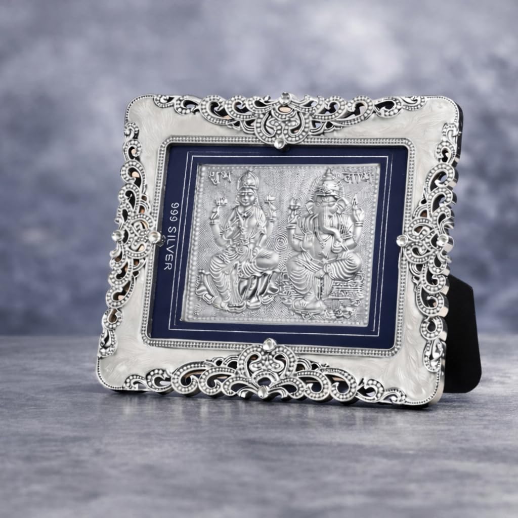 999 Pure Silver Laxmi Ganesh Frame | Pooja Room,Home & Office Decor | Divine Decor | Wedding & Corporate Gift | Square Photo Frame Gift, Silver Gift Items, Office Desk (10" x 8" CM)