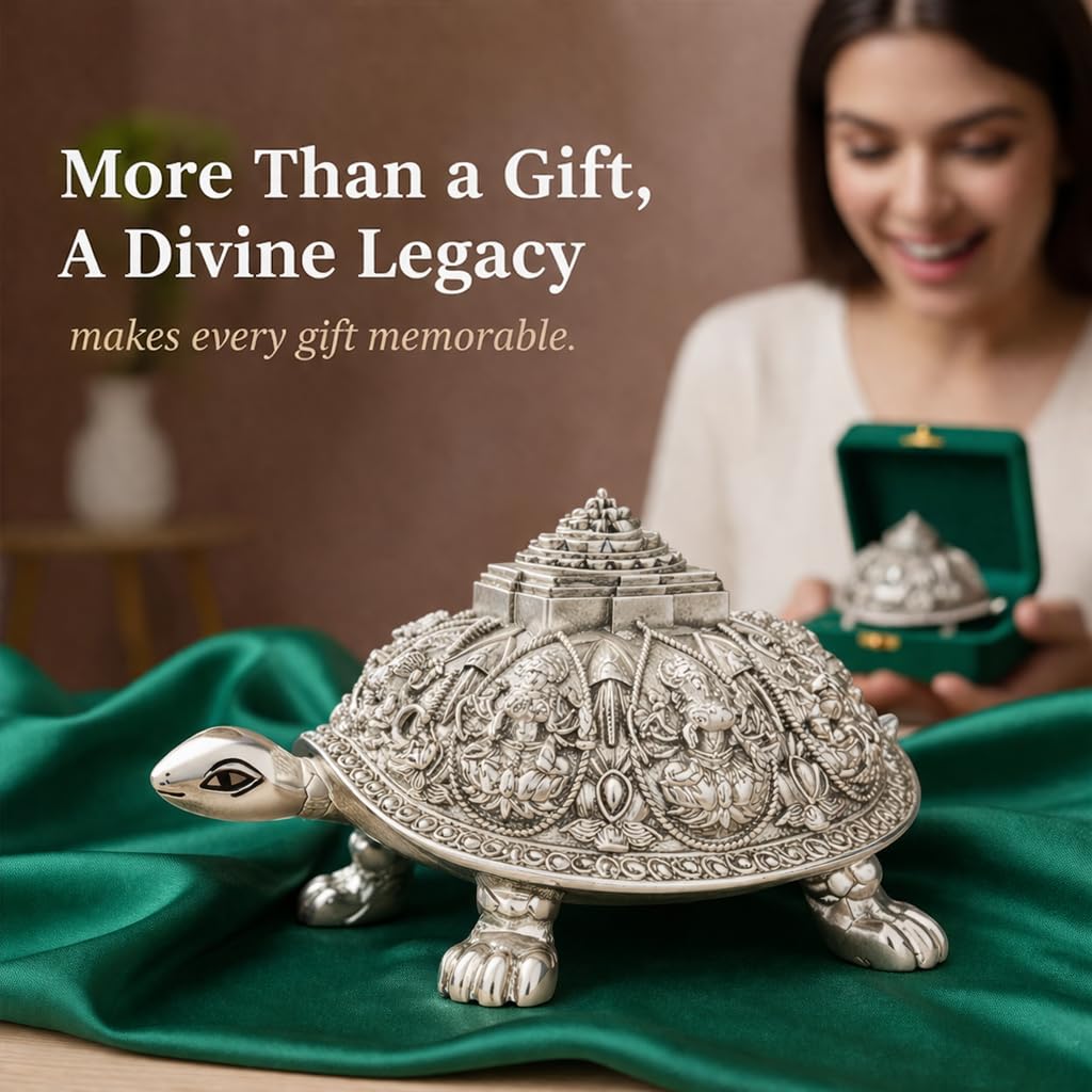 999 Pure Silver Plated Ashta Lakshmi Tortoise Idol | Vastu Home Decor for Pooja Room & Mandir | Turtle Showpiece for Prosperity & Good Luck (3.5 Inch)