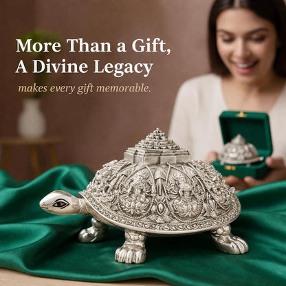 999 Pure Silver Plated Ashta Lakshmi Tortoise Idol | Vastu Home Decor for Pooja Room & Mandir | Turtle Showpiece for Prosperity & Good Luck (3.5 Inch)