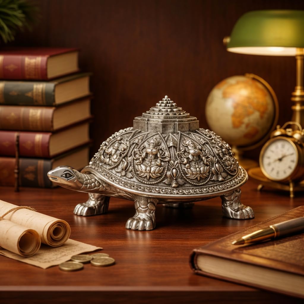 999 Pure Silver Plated Ashta Lakshmi Tortoise Idol | Vastu Home Decor for Pooja Room & Mandir | Turtle Showpiece for Prosperity & Good Luck (3.5 Inch)
