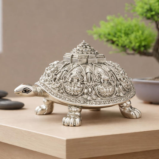 999 Pure Silver Plated Ashta Lakshmi Tortoise Idol | Vastu Home Decor for Pooja Room & Mandir | Turtle Showpiece for Prosperity & Good Luck (3.5 Inch)