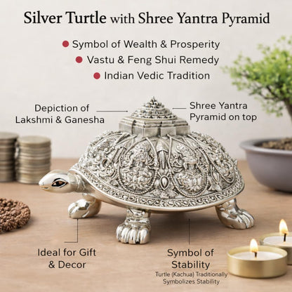 999 Pure Silver Plated Ashta Lakshmi Tortoise Idol | Vastu Home Decor for Pooja Room & Mandir | Turtle Showpiece for Prosperity & Good Luck (3.5 Inch)