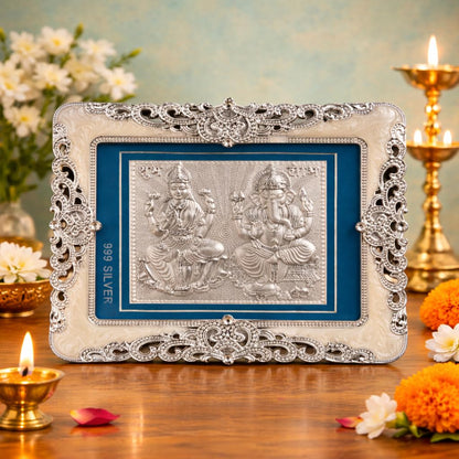 999 Pure Silver Laxmi Ganesh Frame | Pooja Room,Home & Office Decor | Divine Decor | Wedding & Corporate Gift | Square Photo Frame Gift, Silver Gift Items, Office Desk (10" x 8" CM)