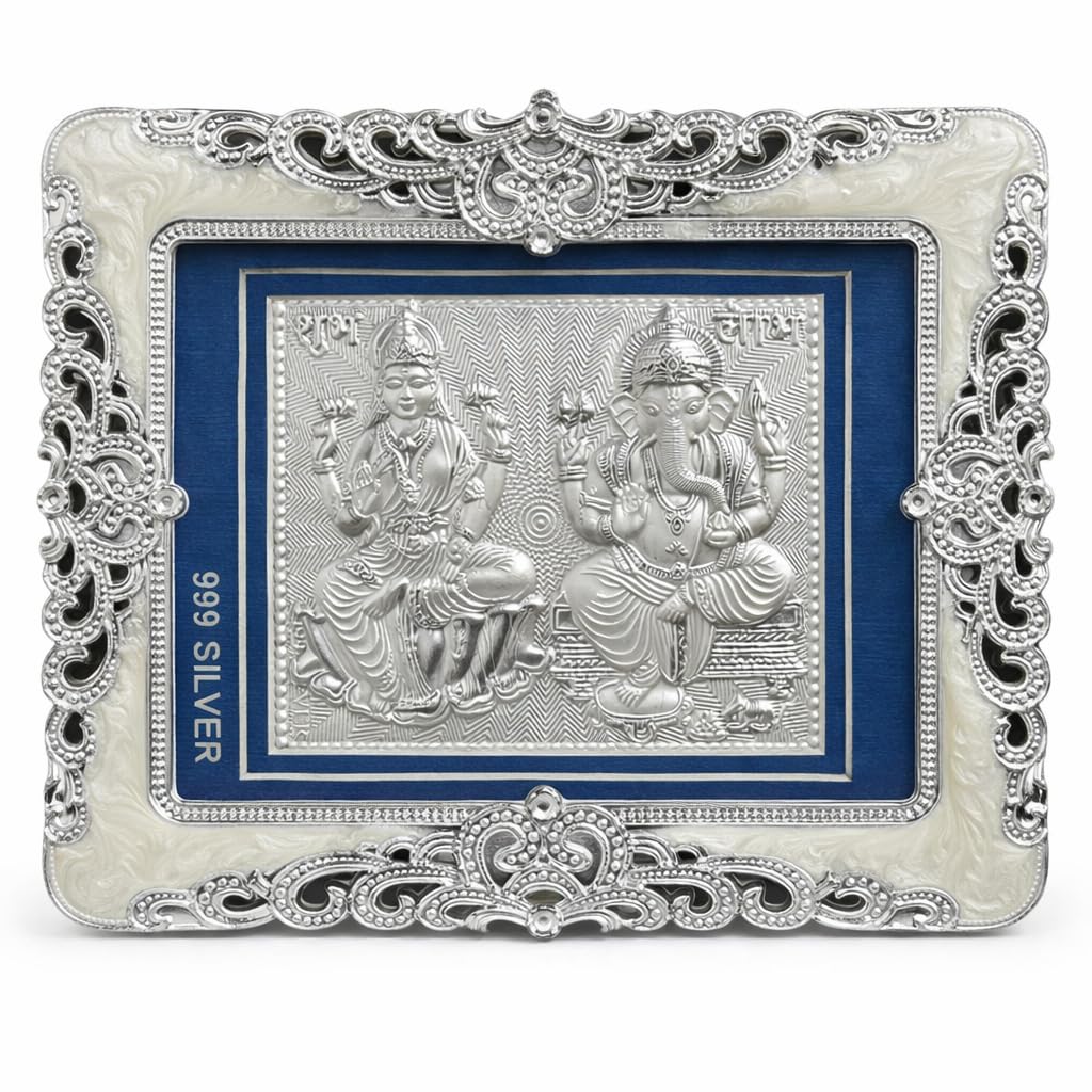 999 Pure Silver Laxmi Ganesh Frame | Pooja Room,Home & Office Decor | Divine Decor | Wedding & Corporate Gift | Square Photo Frame Gift, Silver Gift Items, Office Desk (10" x 8" CM)