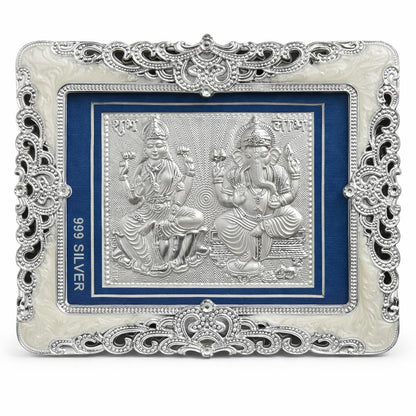 999 Pure Silver Laxmi Ganesh Frame | Pooja Room,Home & Office Decor | Divine Decor | Wedding & Corporate Gift | Square Photo Frame Gift, Silver Gift Items, Office Desk (10" x 8" CM)