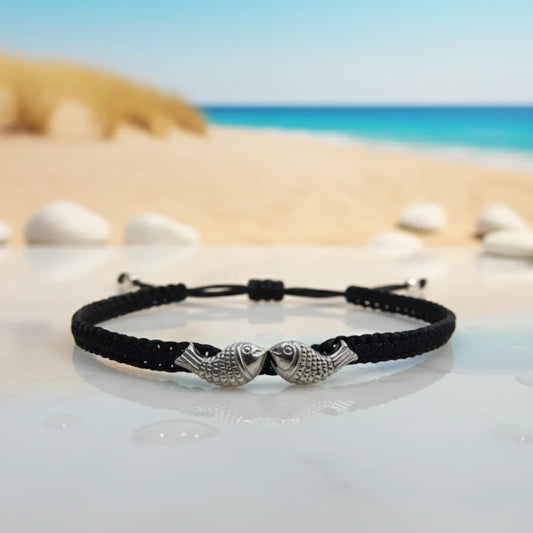 925 Silver Double Fish Black Thread Anklet