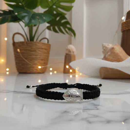 925 Silver Fish Head Black Thread Anklet