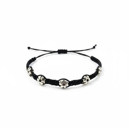 925 Silver Floral Bead Black Thread Anklets