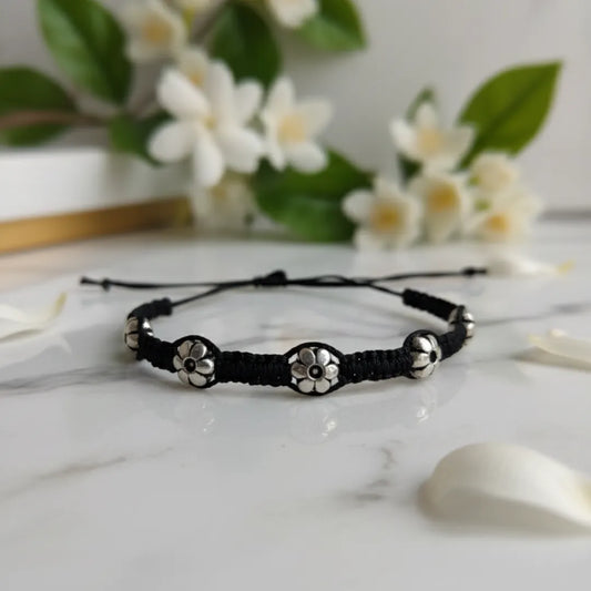 925 Silver Floral Beads Black Thread Bracelet