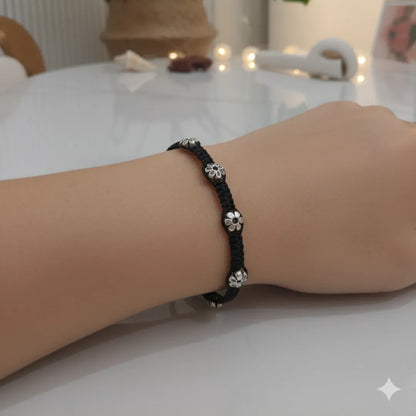 925 Silver Floral Beads Black Thread Bracelet