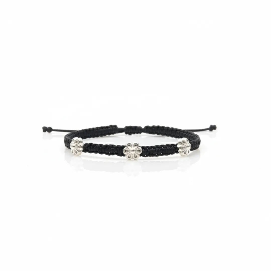 925 Silver Floral Charm Black Thread Bracelet
