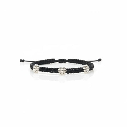 925 Silver Floral Charm Black Thread Anklet