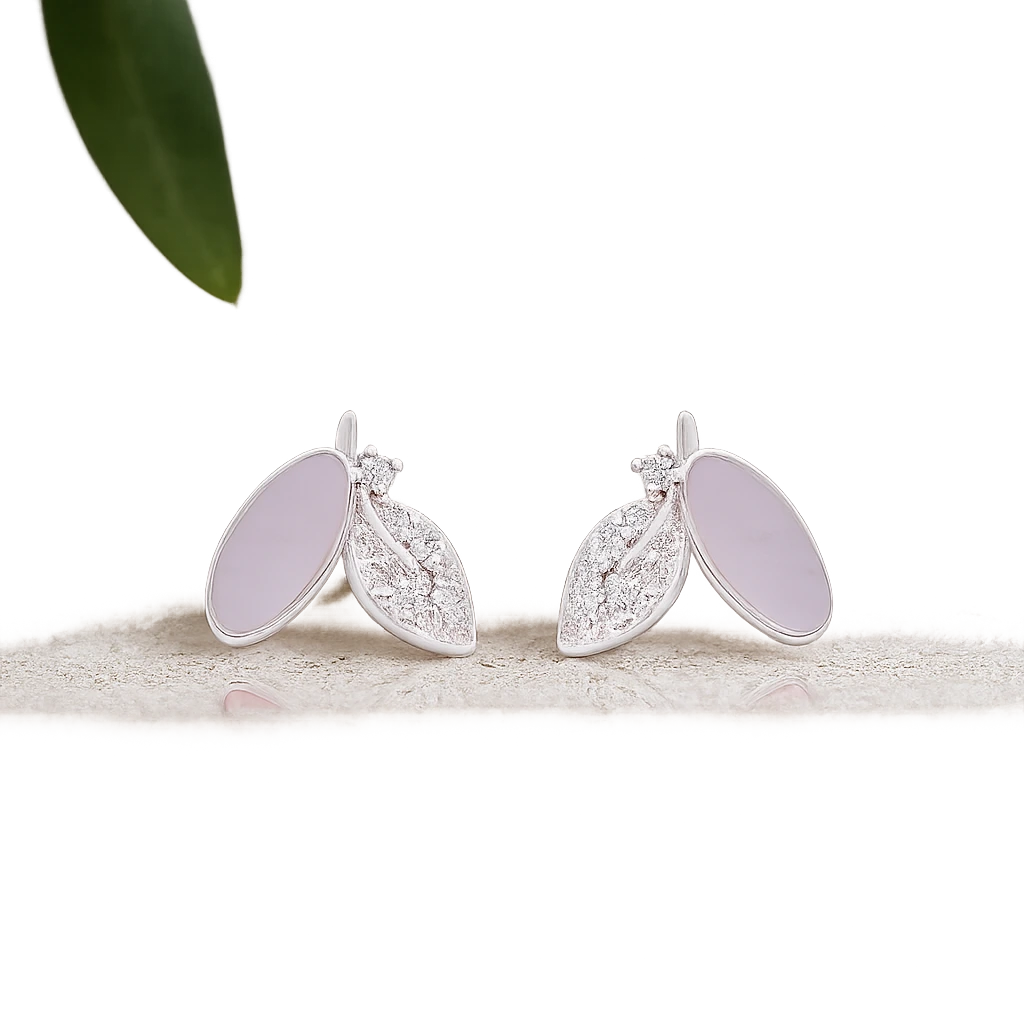925 Silver Leaf and Oval Stud Earrings